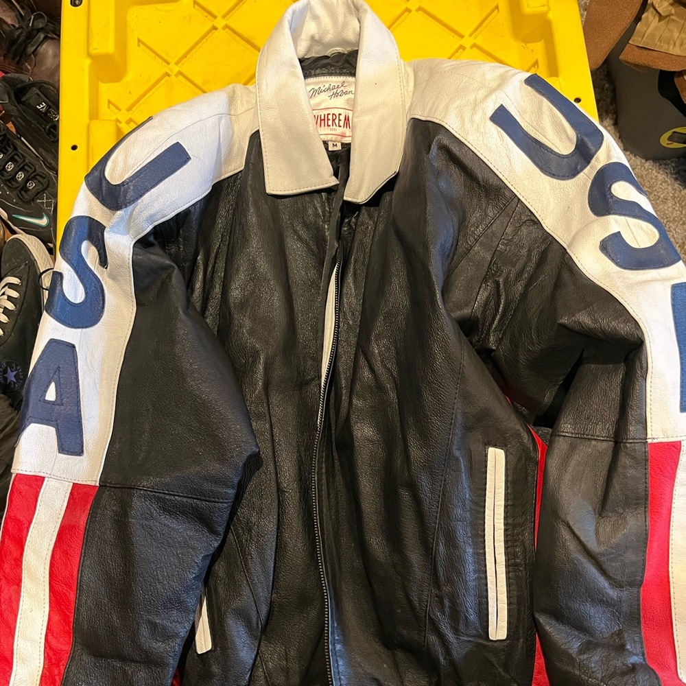 Vintage 90s Michael Hoban American Flag WhereMI Leather USA Jacket Size Medium